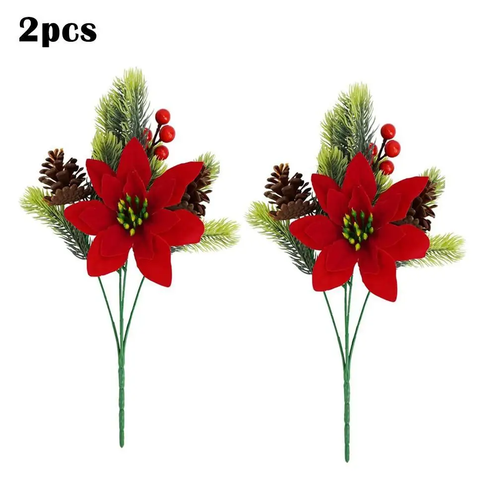 2pcs Artificial Plants Christmas Decor Fake Pine Tree Branch With Red Flower Plastic Plants Leafs Xmas Tree For Home Party Decor