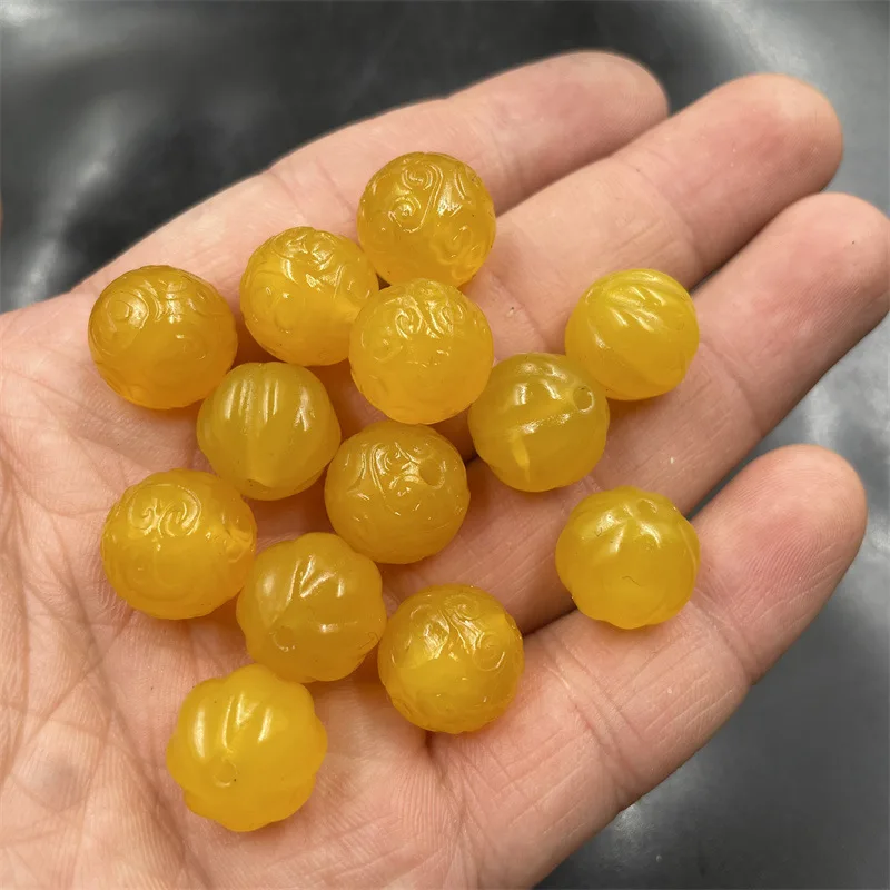 DIYOrnament Accessories14mm Yellow Agate Echo Carved round Beads Loose Beads Yellow Chalcedony Pumpkin Beads Loose Batch Carving