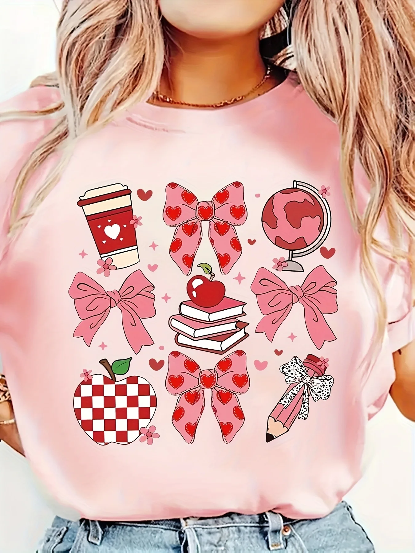 Coquette Teacher Bow Women's Tee - Pink Girly Graphic, Casual Back To School Top