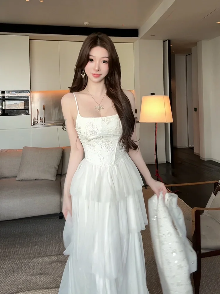 

Ele Embroidered Lace Strapl Fairy Skirt Slimming Long Dr Spring Season Casual Sle Polyester Fabric No Sve