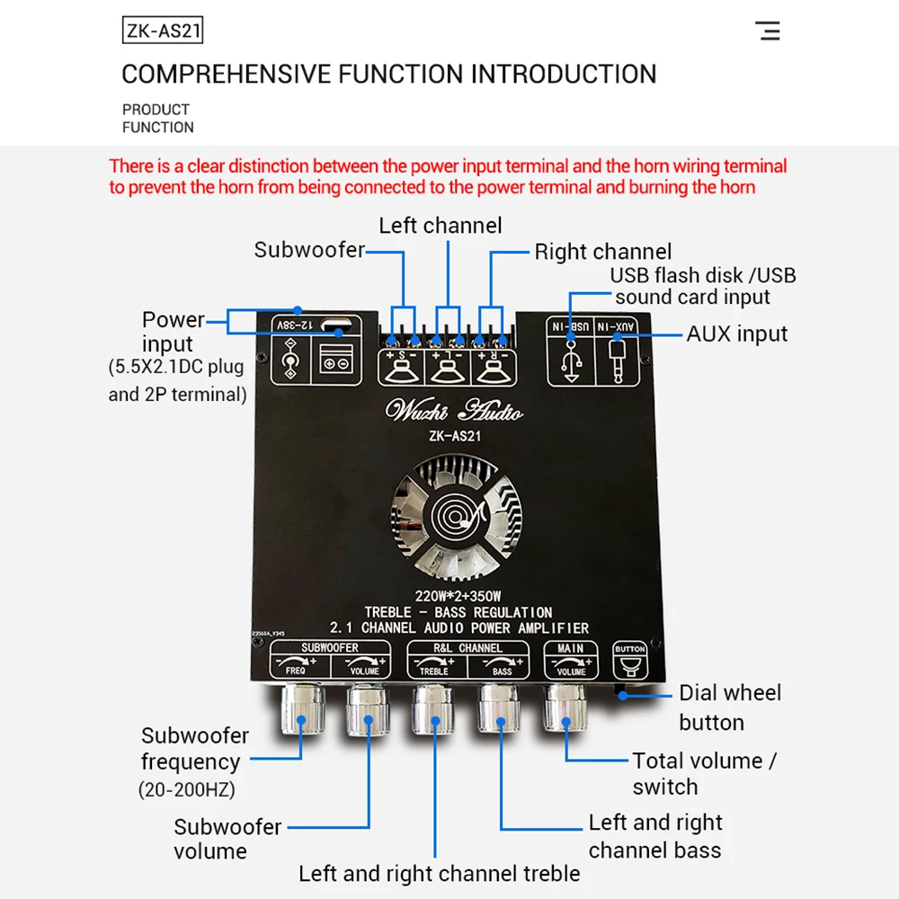 ZK-AS21 TPA3255 220WX2+350W 2.1 Channel Bluetooth Digital Audio Power Amplifier Board High Low Tone Subwoofer Amplifier Module