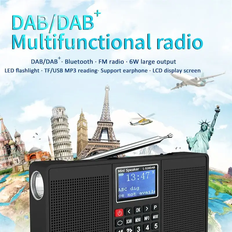 EONKO-L-528DAB Digital estéreo multifunción, Radio con Bluetooth, TF, USB, FM/DAB +, linterna, reloj, auriculares recargables