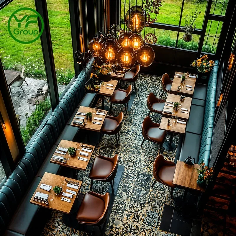 Custom Luxury Restaurant Furniture Booth Seating Banquette with Wooden Tables and Upholstered Chairs for Coffee Shop bar