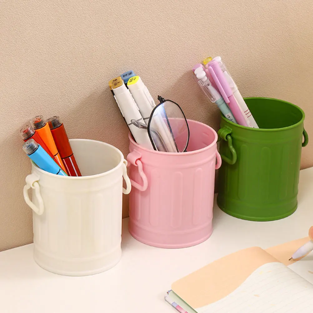 

3pcs Pen Holder Storage Bucket Simple Style Desktop Organizer For Office Desk Sundries Waste Bin Plastic Stationery Container