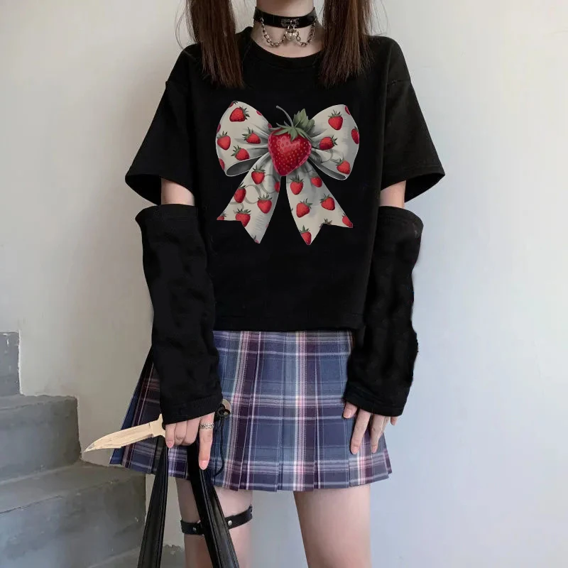 Punk Gothic Streetwear Uniwersalna Klasyczna Koszulka T-shirt Lata 2000 Y2k Kreatywny Wzór Kokardy Nadruk Top Vintage Harajuku Estetyka Damska Koszulka