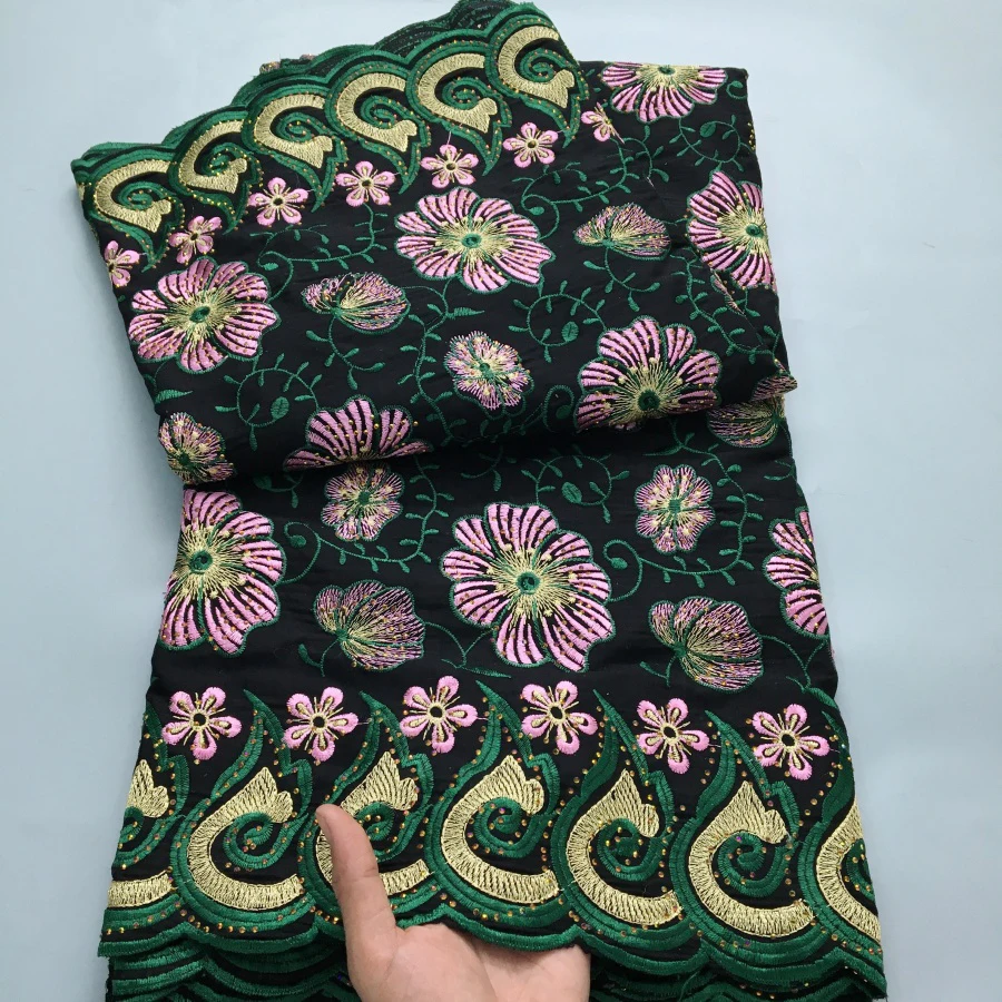 Green Nigerian Embroidered Cotton Lace Fabric 2025 High Quality 5 Yards African Swiss Lace Fabric Party Dress for Women A4210