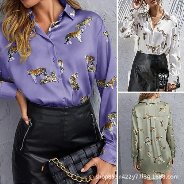 

New Women's Shirt Tiger Print Lapel Long Sleeve Fashion Button Top Office Elegant 2025 Blouses for Female