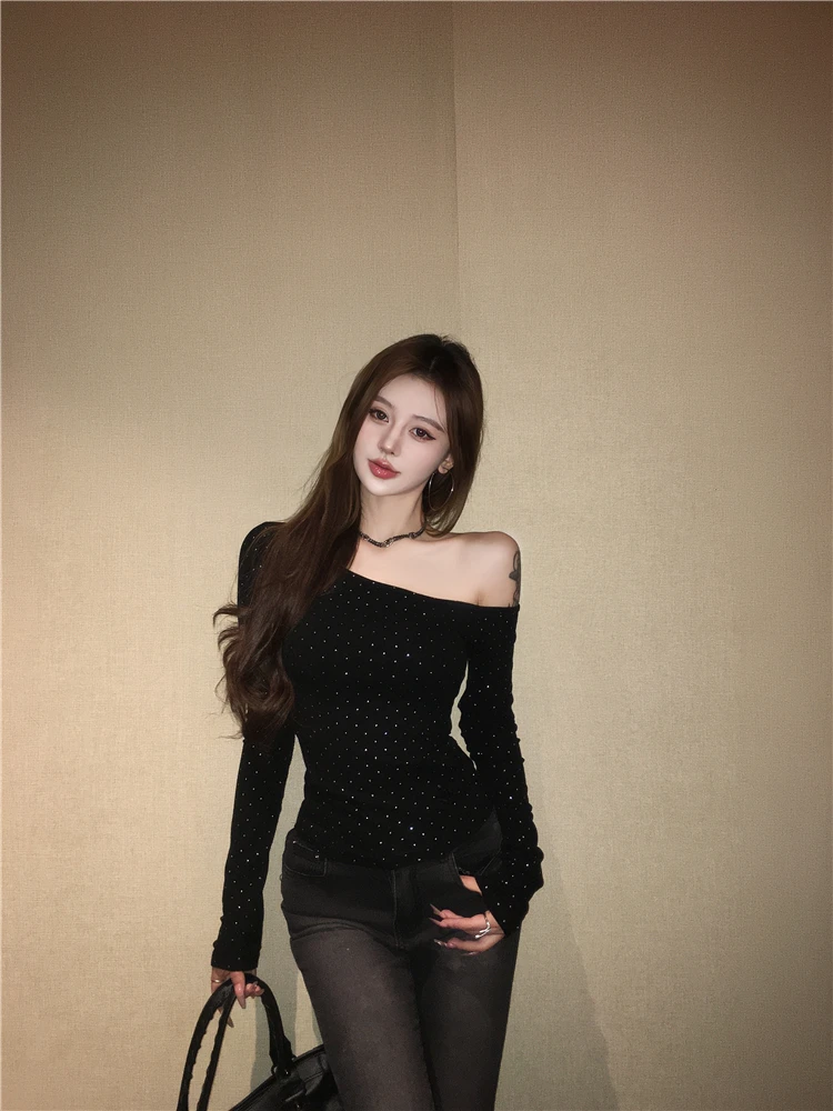 Sexy americano sle longo sve bla oulder camiseta feminina início do outono fino ajuste ort sle oulder bared topo