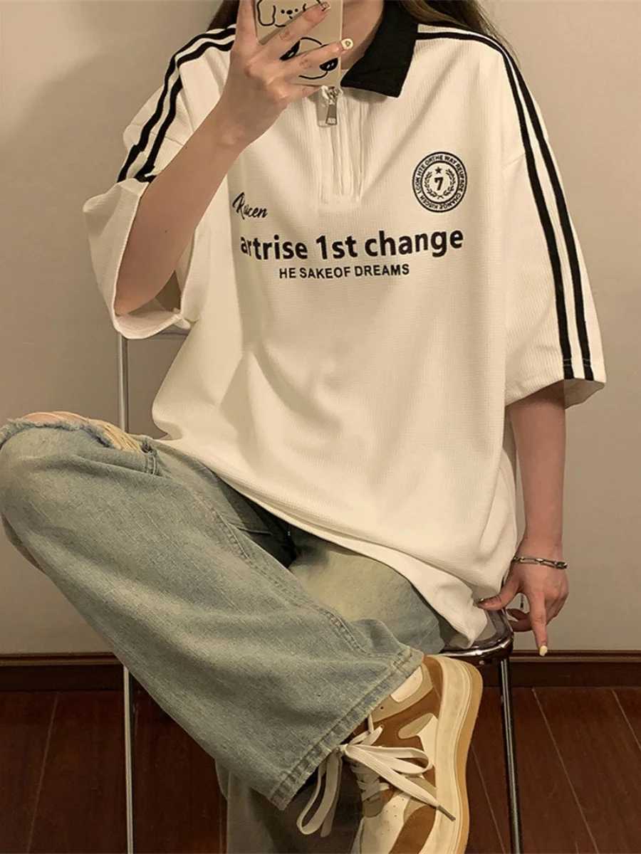 

Striped irt ort Sve Men Summer f Zip Trendy Brand Japanese Sle f Sve Faion Retro Racing Suit T-irt