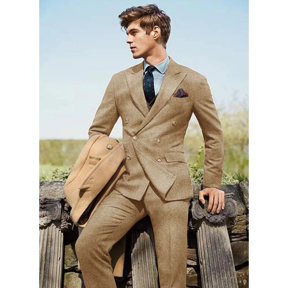 Elegante giacca da uomo pantaloni in Tweed di lana Slim Casual Fashion Design pantaloni doppiopetto Set completo da uomo