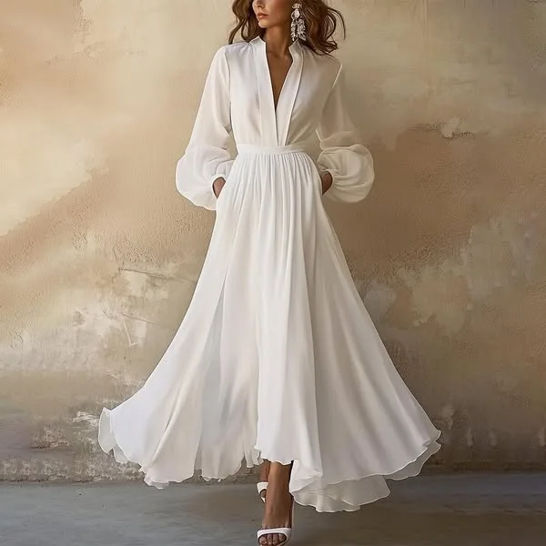 

2025 Elegant Long Skirt Women's Deep V Neck Lantern Sleeves White Belt Bow Simple Fashion Midi Dress for Female