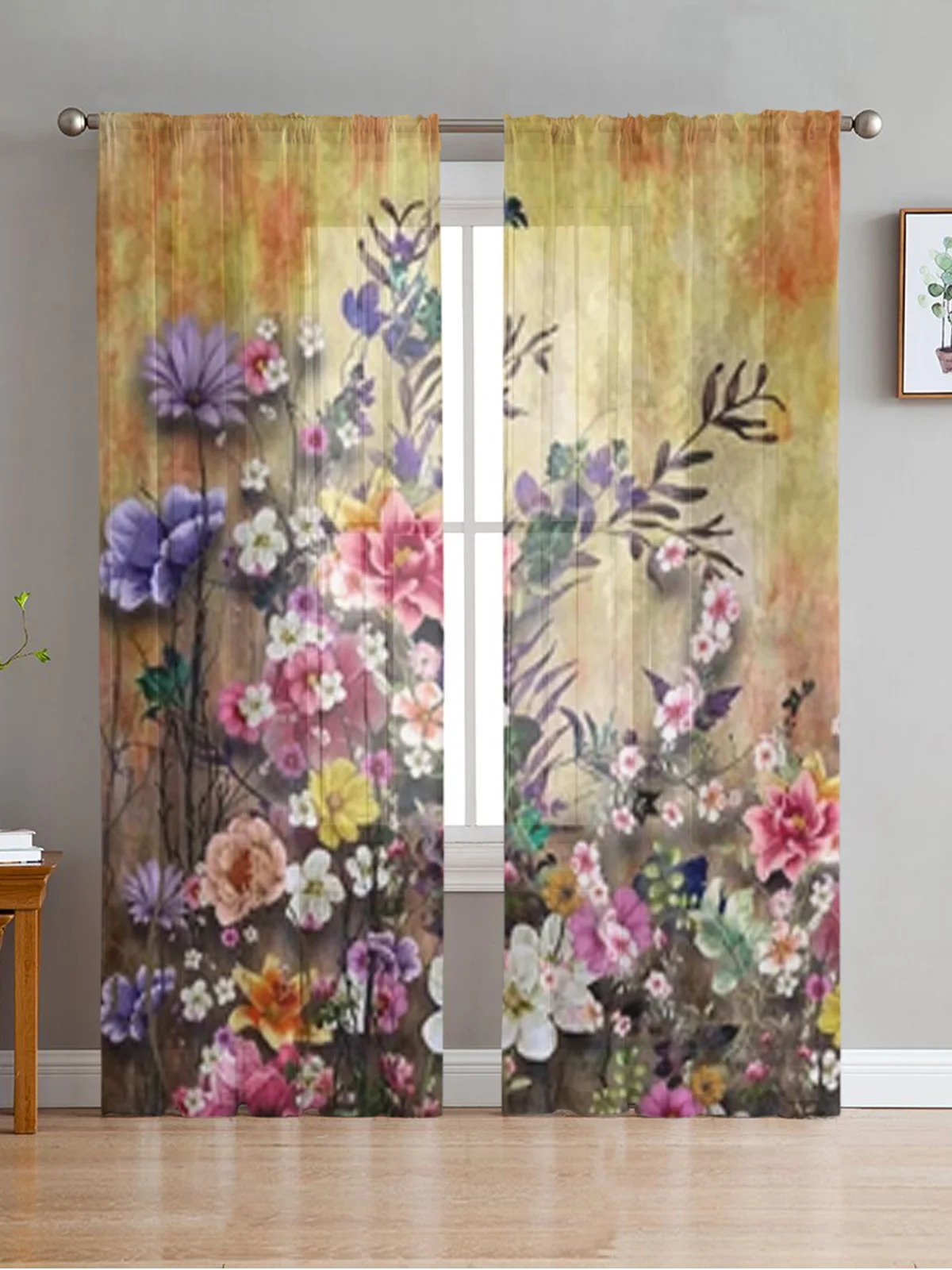 Abstract Colorful Flowers Painting Sheer Curtains Bedroom Voile Curtain Living Room Window Sheer Curtains Kitchen Tulle Drapes