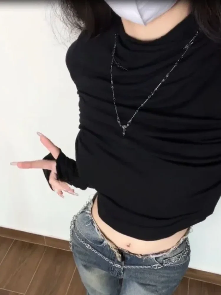 

2025 женские черные футболки с полувысоким воротником Harajuku, повседневные плиссированные эстетические топы Y2k, уличная одежда, облегающая укороченная футболка в стиле гранж