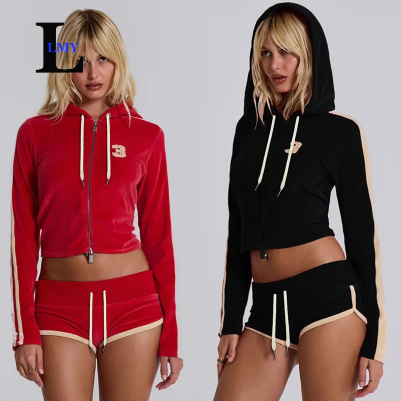 LMY TRACKSUIT suit embroidered red Velour women 2 pieces short pants set PATCHWORK sport zip suit long sleeve hooded top Velour