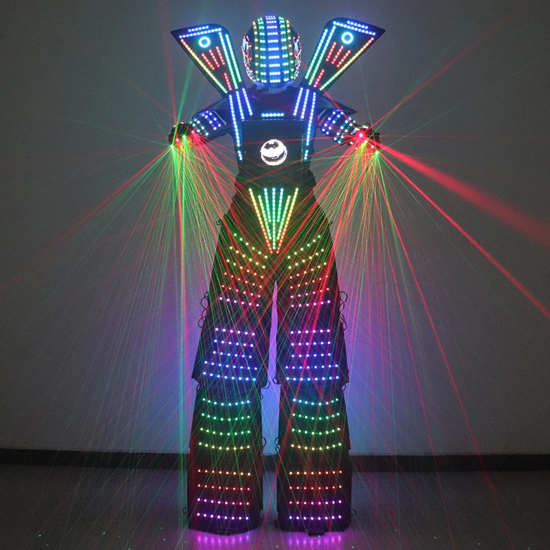 Full Color LED Robot Suit Costume Light Up Stilts Clothing Luminous Jacket Chest Display Editable Screen Helmet Laser Gloves ﻿