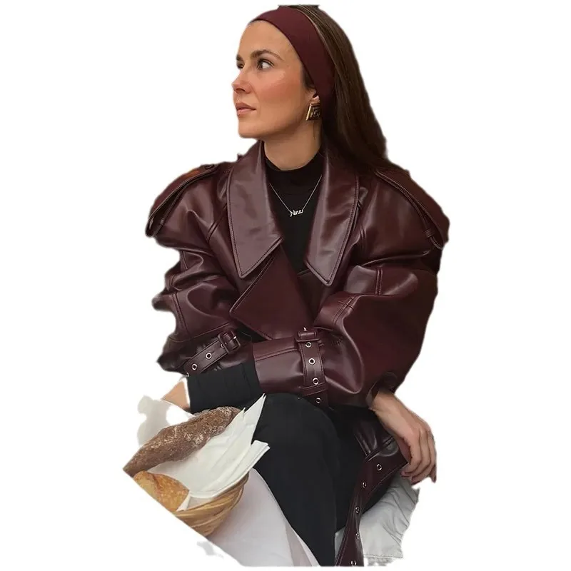 [EWQ] American Vintage Long Sleeve Short PU Leather Jacket Moto Style Burgundy Women Biker Coats 2024 Autumn New Fashion 16O2287