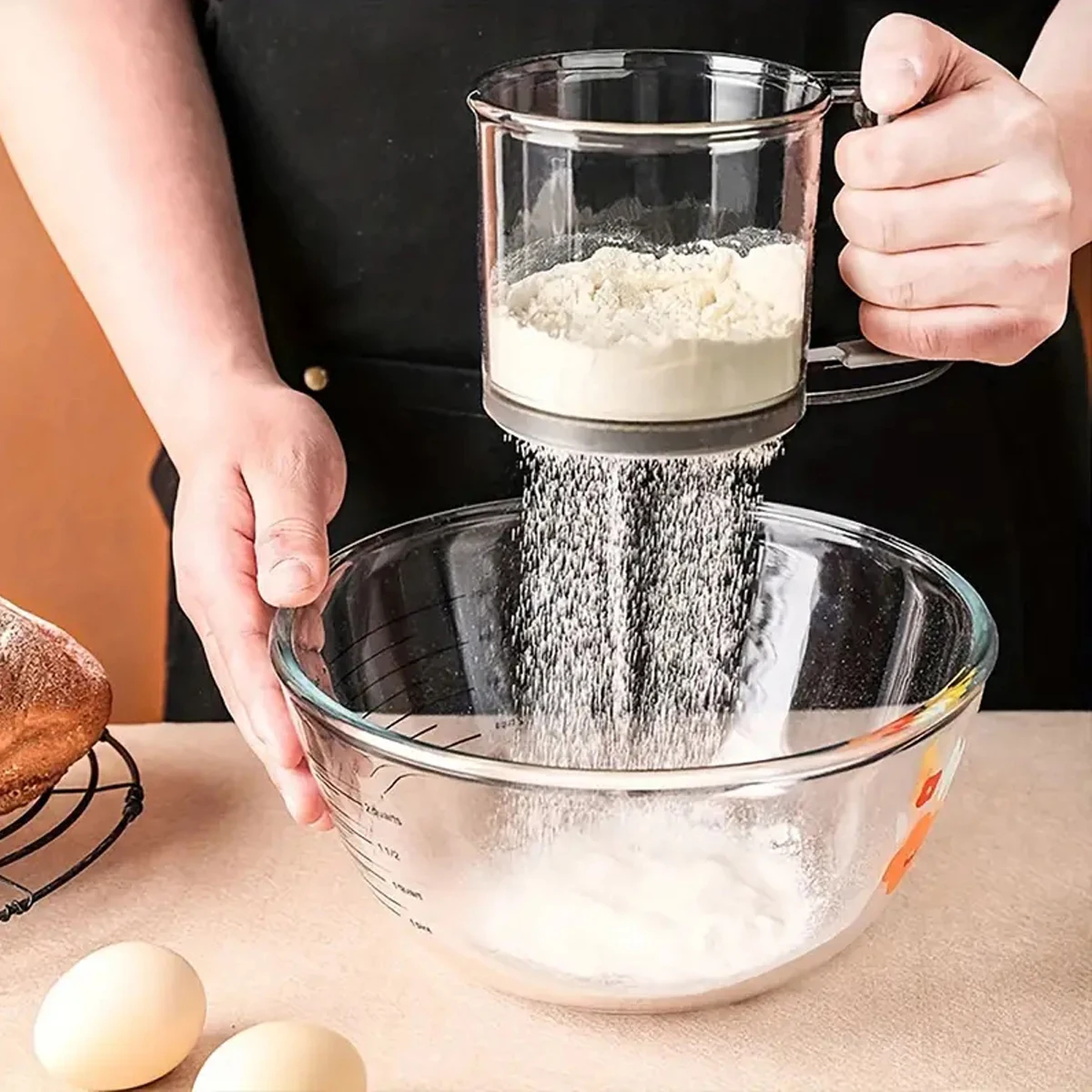 Handheld Semi-Automatic Flour Sieve, Household Plastic Flour Sieve, Baking aid Tool, Flour Filtration Sieve, Sugar Powder Sieve