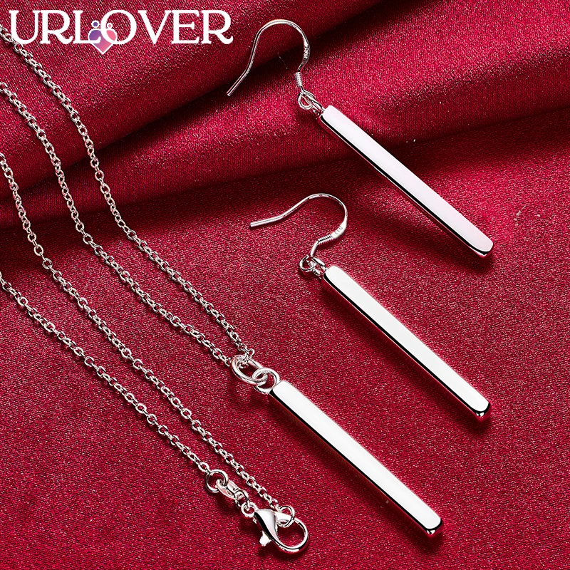 URLOVER 925 Sterling Silver Rectangular Pillar Necklace Earring Set For Woman Fashion Charm Party Wedding Jewelry Birthday Gifts