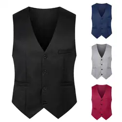 Chaleco Formal sin mangas con bolsillos, de una sola botonadura traje masculino, chaleco informal para fiesta, Bar, vestido de banquete, chaleco de traje de Color sólido