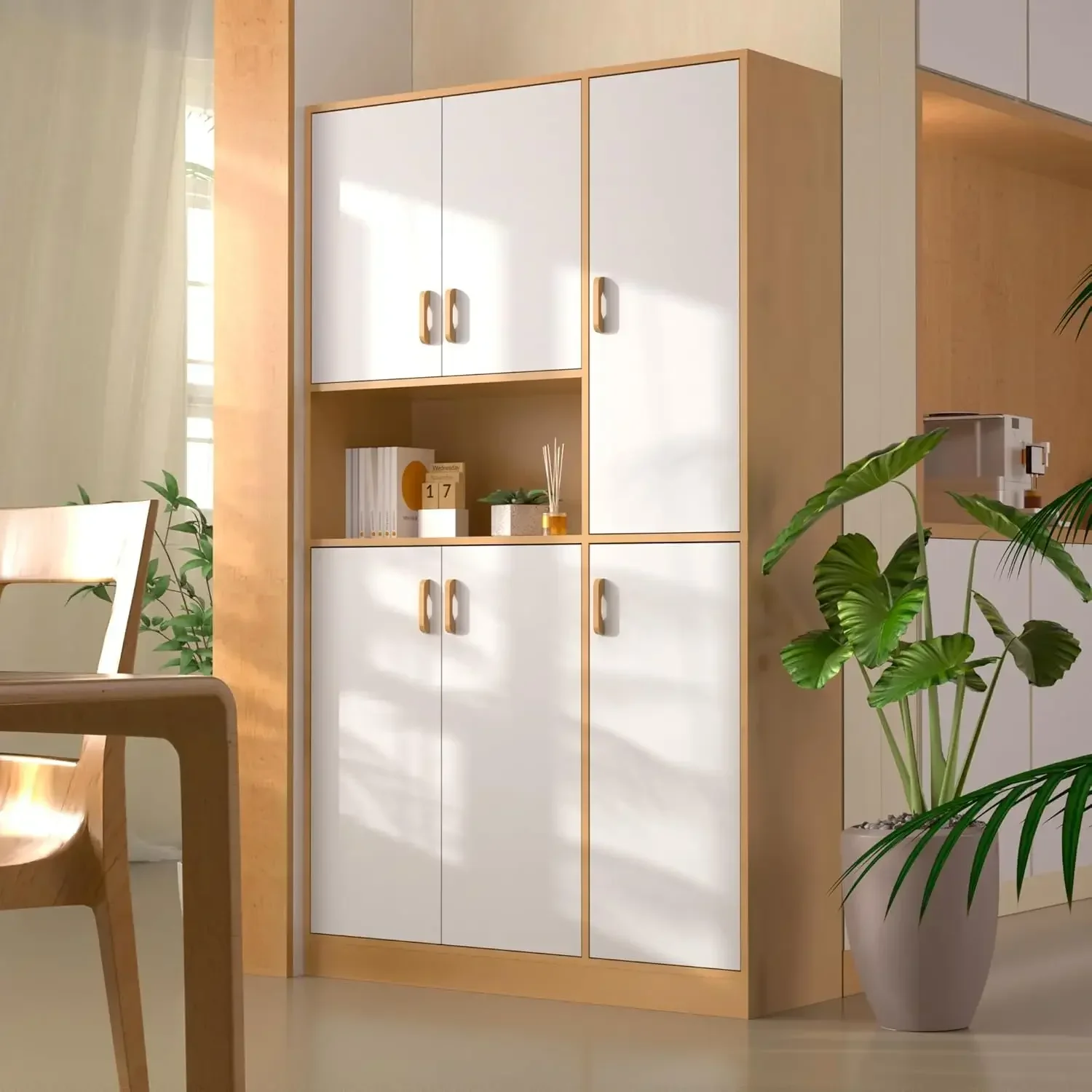 Gabinete de despensa de cocina de roble y blanco de 70" de alto, gabinete de almacenamiento de cocina con 6 puertas, aparador de cocina independiente con almacenamiento