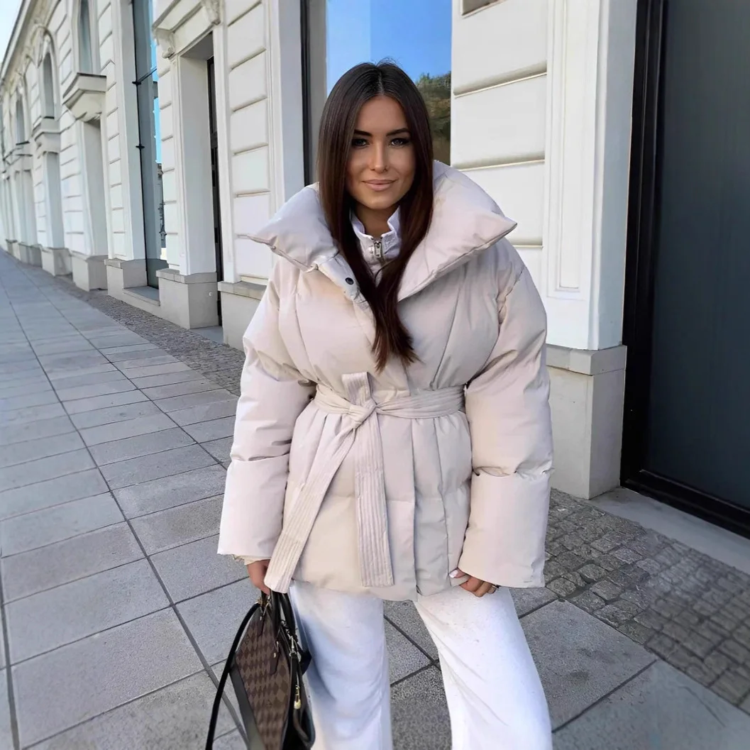 2025 Women's Clothing Parkas Warm-Weather Waist-Defining Long-Sleeve Tie-Waist Loose-Fit Solid-Color Fashionable Cotton Coat