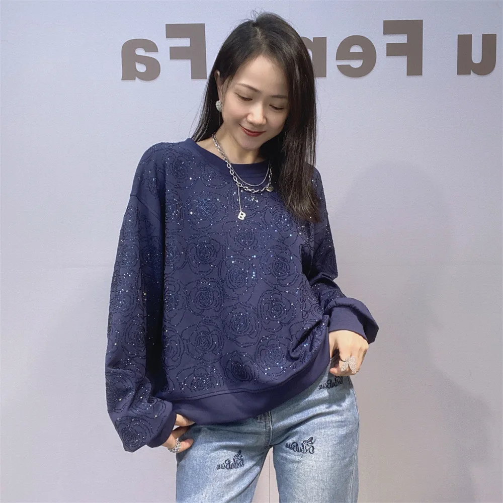 Ladies Rhinestone Short O-Neck Hoodies Autumn Winter New Fashion Versatile Loose Stylish Long Sleeved Top Pullover Sweatshirt