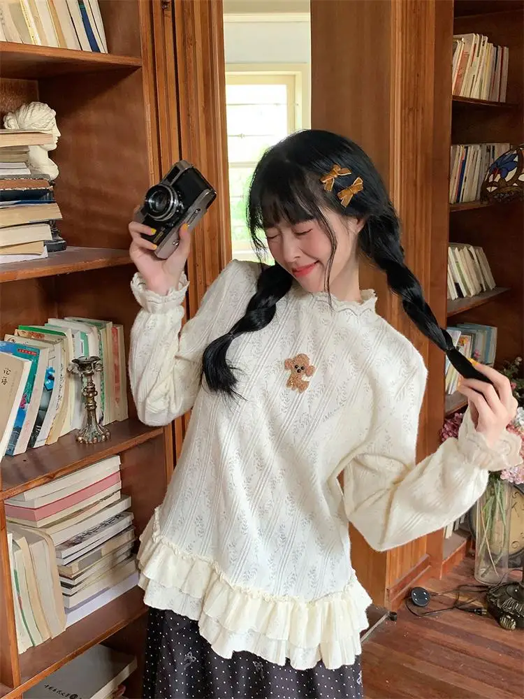 

Ballet Sle Sweet Lace Long Sve Base irt Girl Slim Fit Футболка Топ Корейская версия Прямой крой Осень Зима Новое поступление