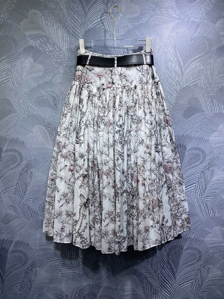 High Street Women Skirt 100% Cotton Fashion Flower Printing Half Dress Party Holiday Two Sashes For Choose Empire Expansion