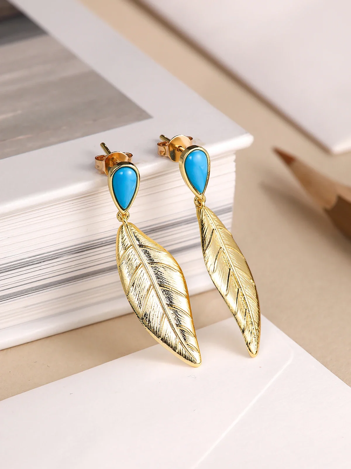 TYYL Water Drop Created Turquoise Stud Earrings Women 18K Gold Plated Silver Needle Leaf pendant Earring Party Gift Ear Jewelry