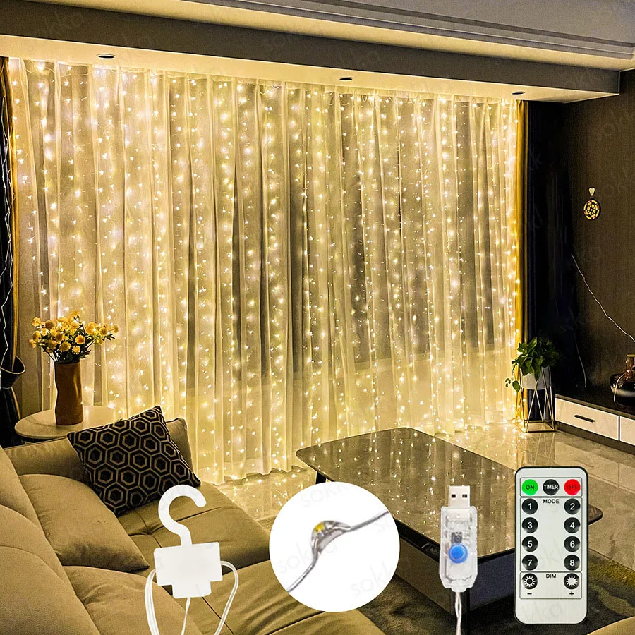 Guirnalda de luces LED para decoración de dormitorio, guirnalda de luces de cortina con 8 modos, Control remoto por USB, decoraciones de boda, fiesta de vacaciones, Lam, 6M