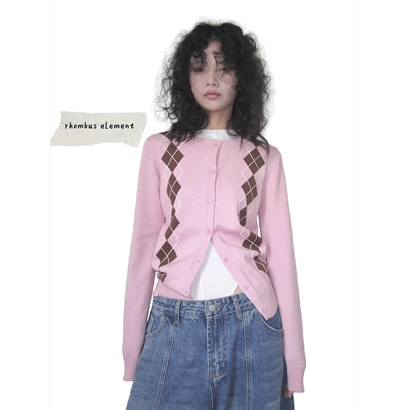 

Spring 2026 Korean Style Vintage Color Block Diamond Pattern Long Sleeve Knitted Open Cardigan Women's Short Outerwear
