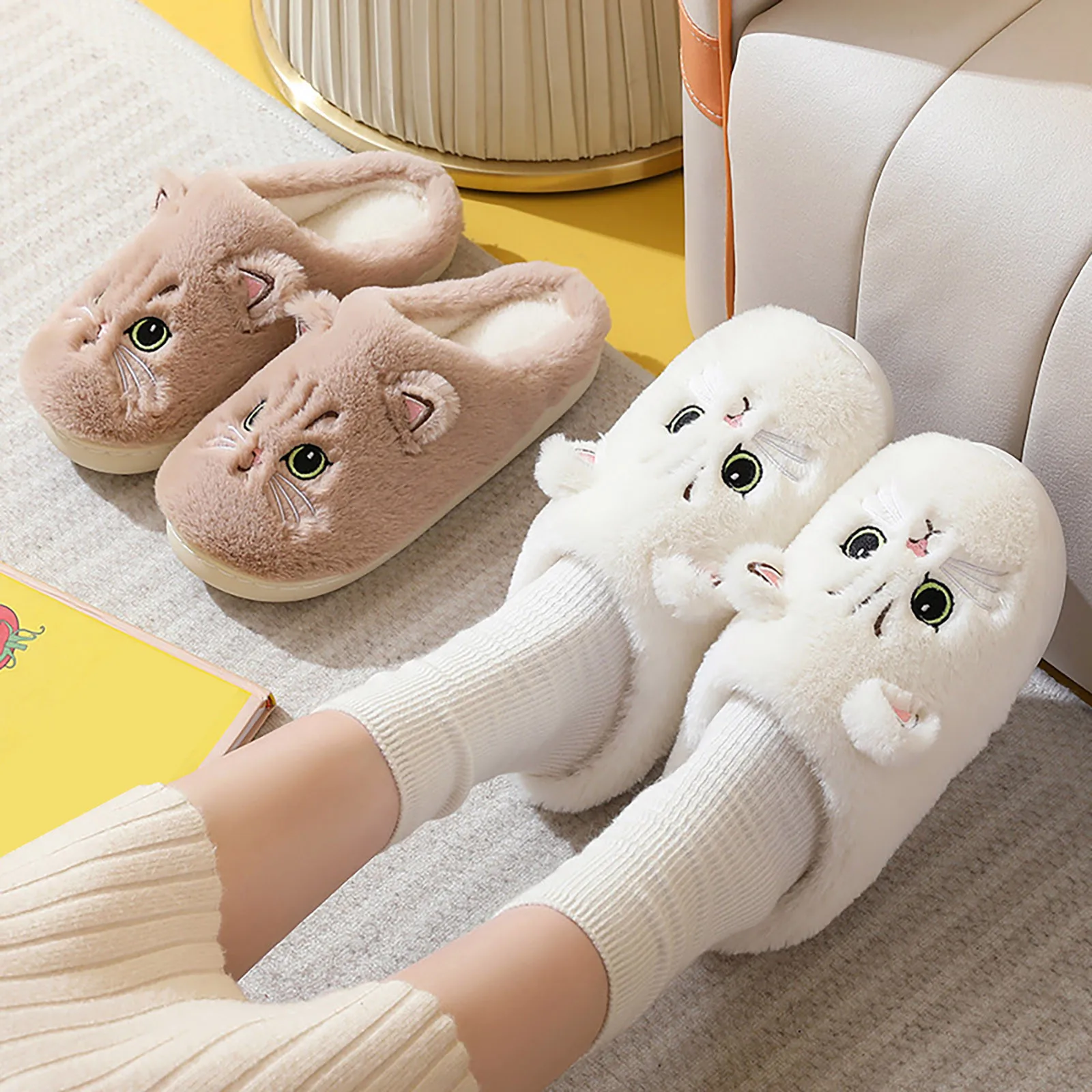 2024 New Cute Cat Slippers Fluffy Furry Women Home Slippers Men Winter Plush Slides Indoor Fuzzy Slippers Lovely Cotton Shoes