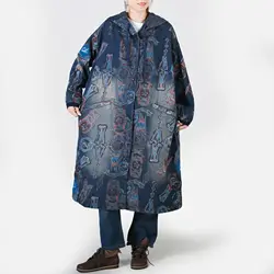 Print Denim Trench Women Spring Autumn Long Overcoat Streetwear Hoodie Windbreaer Korean Casual Wide Waisted Coat