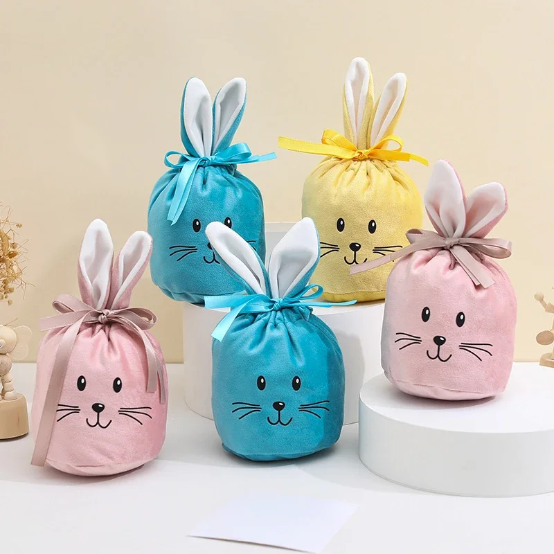 10Pcs/lot Easter Cute Bunny Velvet Ribbon Bags with Smiley Face for Bundling Gift Pouch,Perfect for Easter Decorating