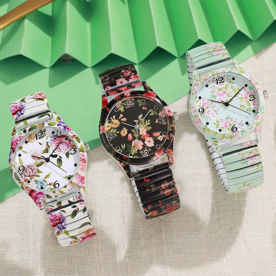 Elegant Fashion Women's Watches, Exquisite Flowers Printed Elastic Strap Ladies Quartz Wrist Watches Reloj Mujer(Without Box)