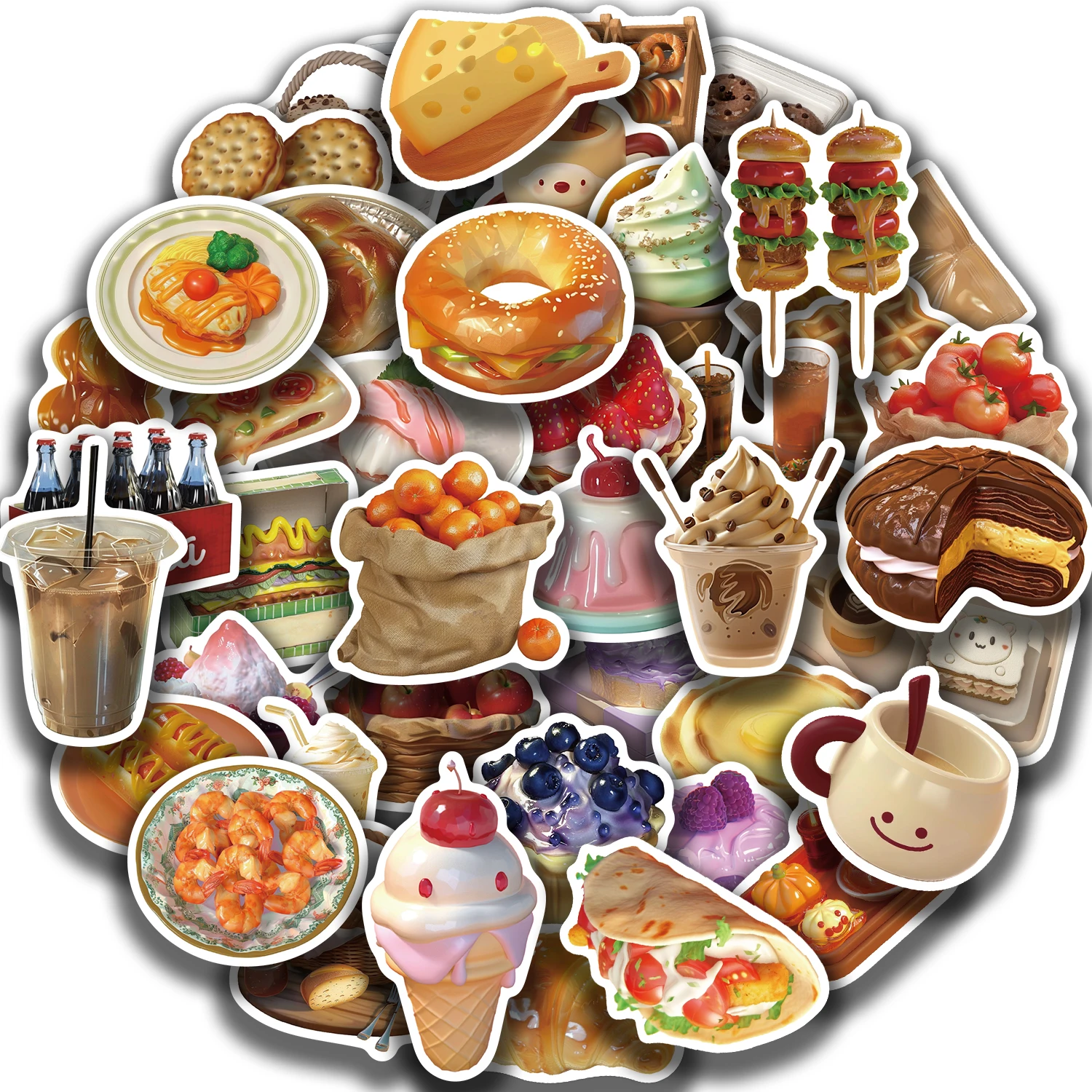 50Pcs Food Drink Dessert Bread Stickers Waterproof Phone Bike Wall Motorcycle Cool Car Waterproof Sticker for Kids Toys