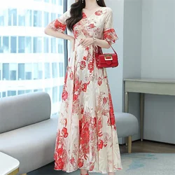 2022 Elegant Women Plus Size Boho Beach Maxi Dress Floral Chiffon Midi Sundress