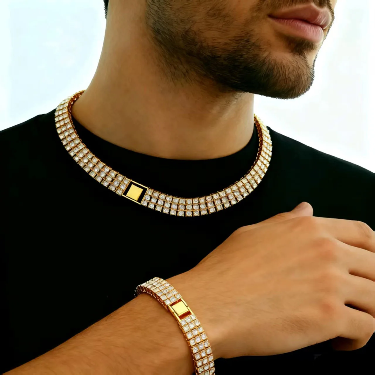 18 Inch Hip Hop Cuban Necklace and 8 inch Bracelet Rhinestone Sparkling Chain Heavy Links Suitable for Rapper Stage Street Style