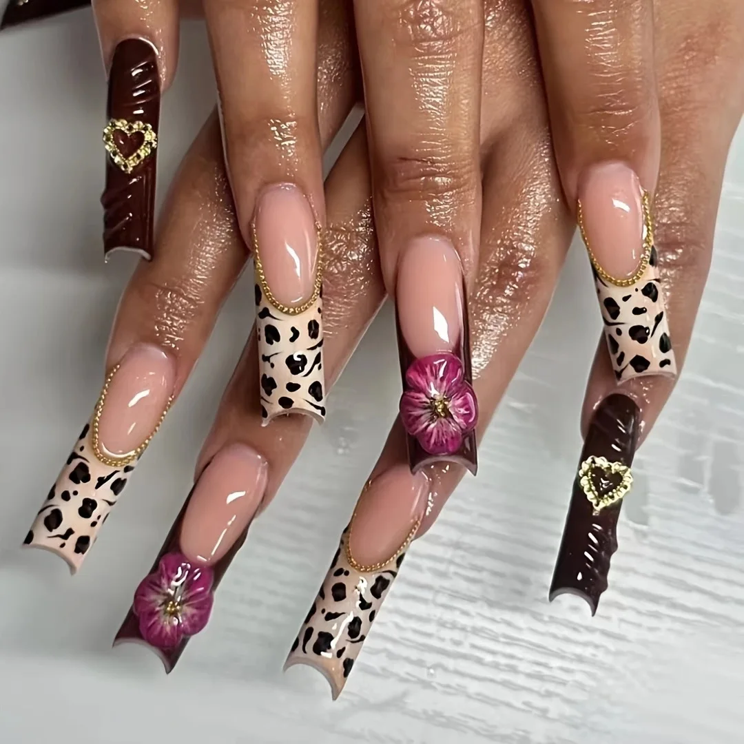 24pcs Sweet and Cool Leopard Print Press on Nails European Long Ballet False Nails Wearable Full Cover Spice Girls Fake Nails