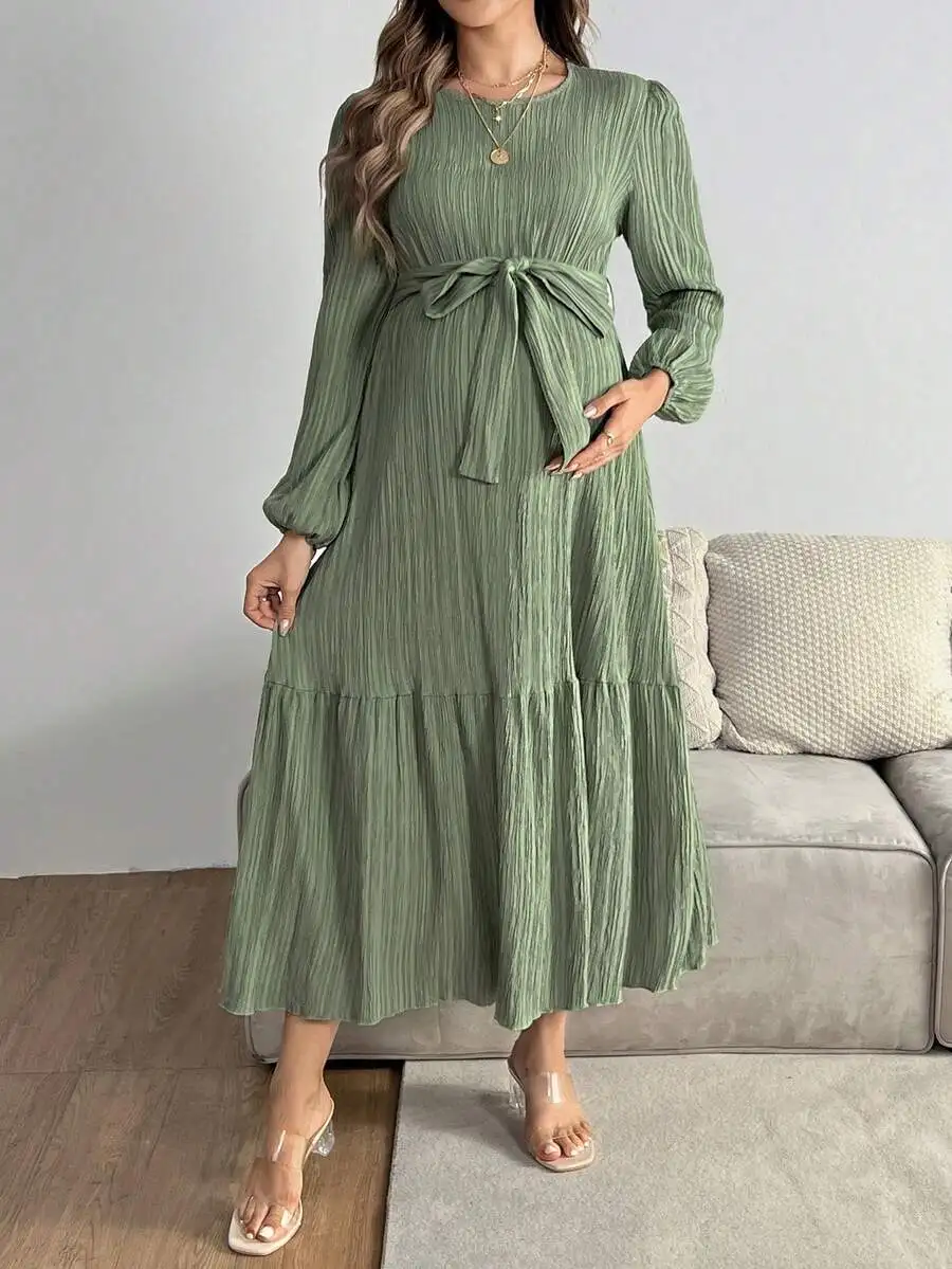 

Maternity Solid Round Neck Long Sleeve Tie Front Midi Dress