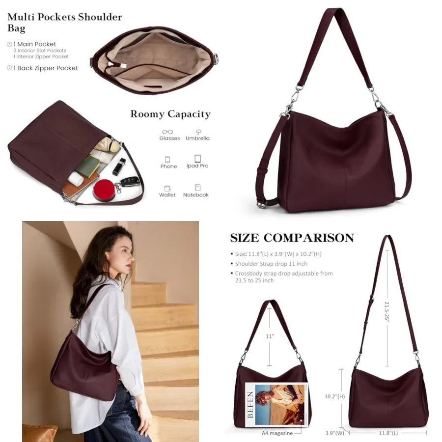 

befen Genuine Leather Hobo Bags Purses for Women, Women's Shoulder bag Handbags Crossbody Bag with 2 Shoulder Straps
