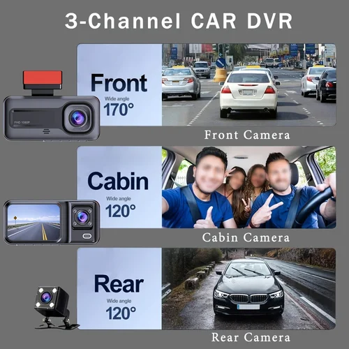 Imagen 2 del producto Cámara de salpicadero de 3 canales para coches, caja negra, grabadora de vídeo de 3 canales/2 canales, 1080P, cámara de visión trasera para vehículo, DVR, accesorios para coche