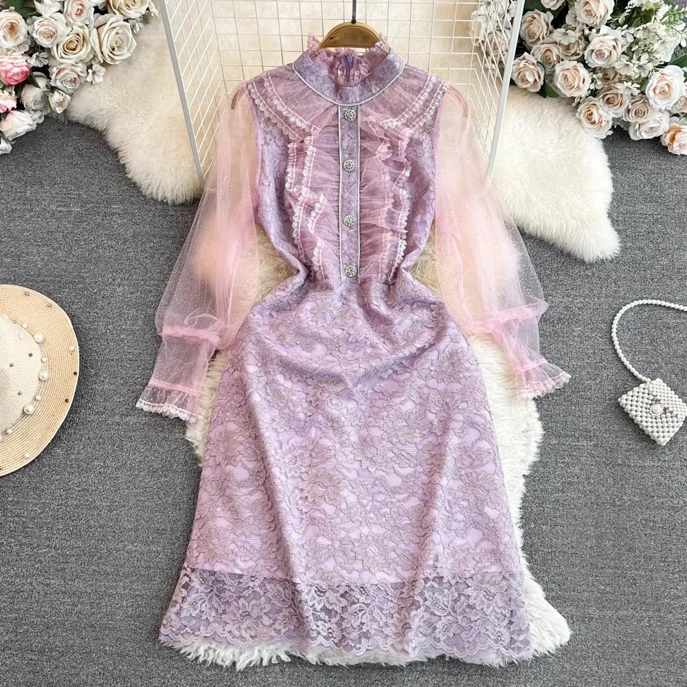 

2023 Autumn Women Lace Embroidery Mesh Patchwork High Quality Ruffled Lantern Sleeve Casual Holiday Party Dresses