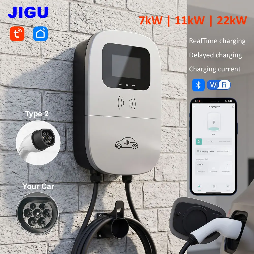 JIGU Smart Life Electric Vehicle Charging Station 7kW 11kW 22kW EV Charger Type2 Electric Car Charger Wallbox Tuya APP 230V 400V