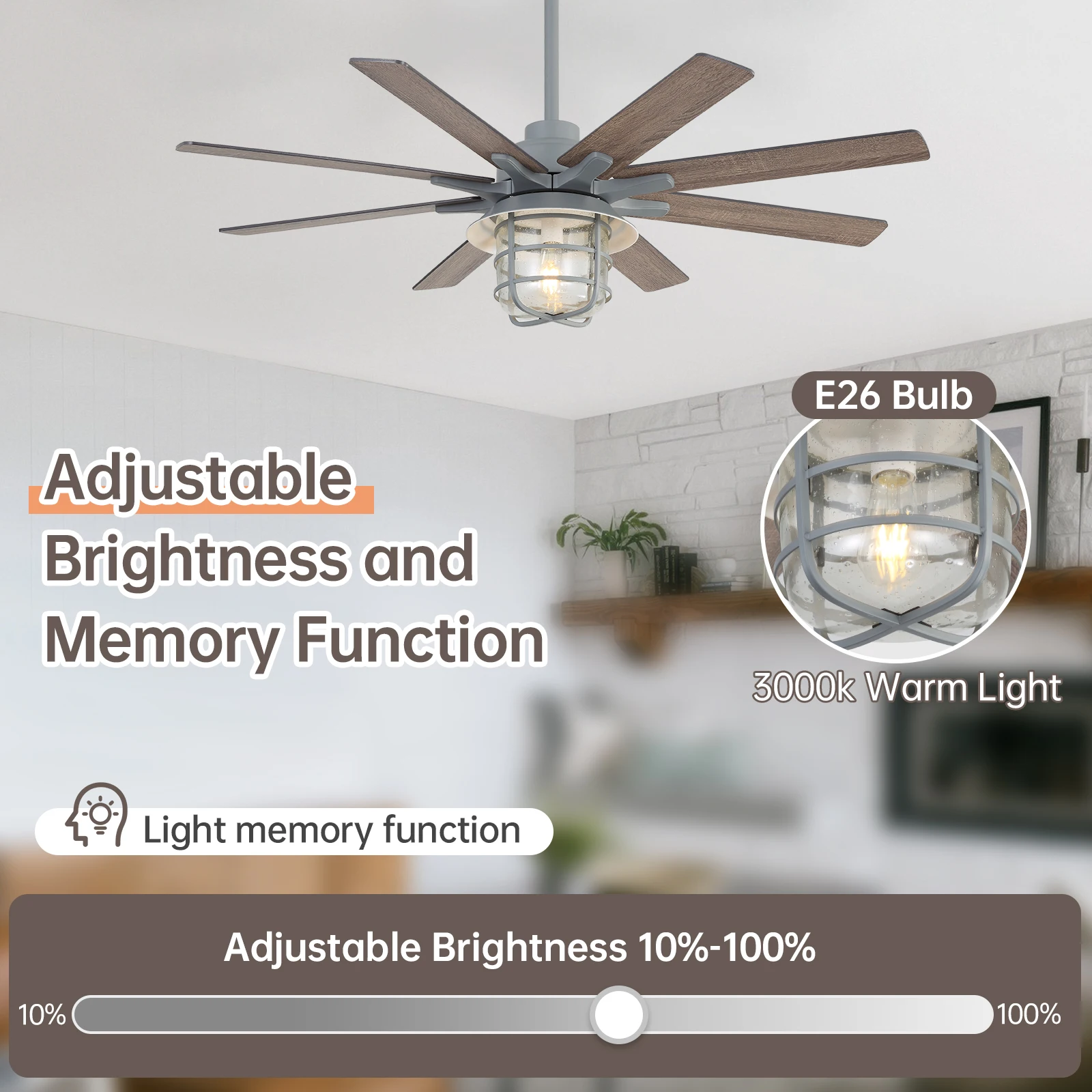 52-Inch Large Ceiling Fan With 8 Plywood Walnut Colored Blades,Quiet DC Motor,Glass Lampshade,3 Color Temperature,Cement Grey