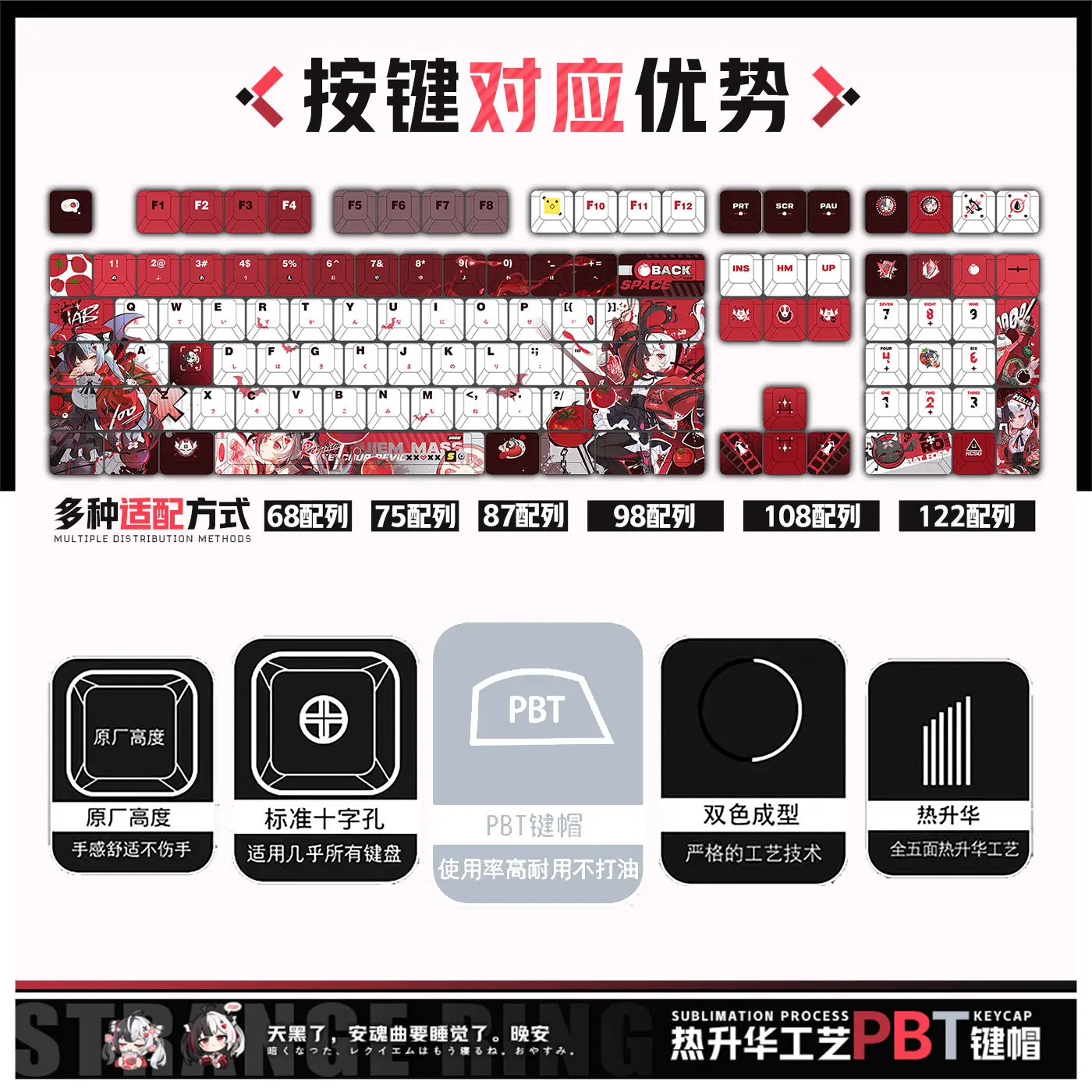 Neverness To Everness Lacrimosa 122 PBT Keycap DYE Sublimation Key Cover Cherry Cross MX Switch Key Caps for Mechanical Keyboard