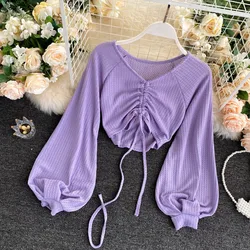 Vintage Drawstring V Neck Pleated Skinny Tshirt Sexy Slim T Shirt Fashion Tees Long Sleeve Women Spring Autumn Crop Top