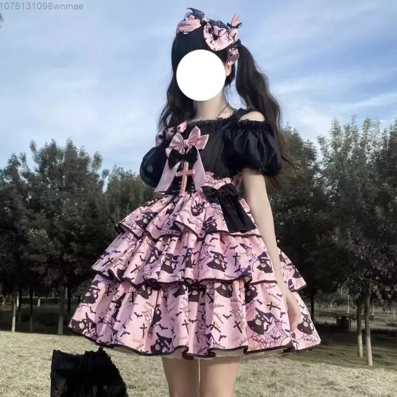 Halloween Pumpkin & Black Cat Pattern Dress for Women, Punk Party Dress Cute Lolita Dress Witch Cosplay Spaghetti Strap Dress