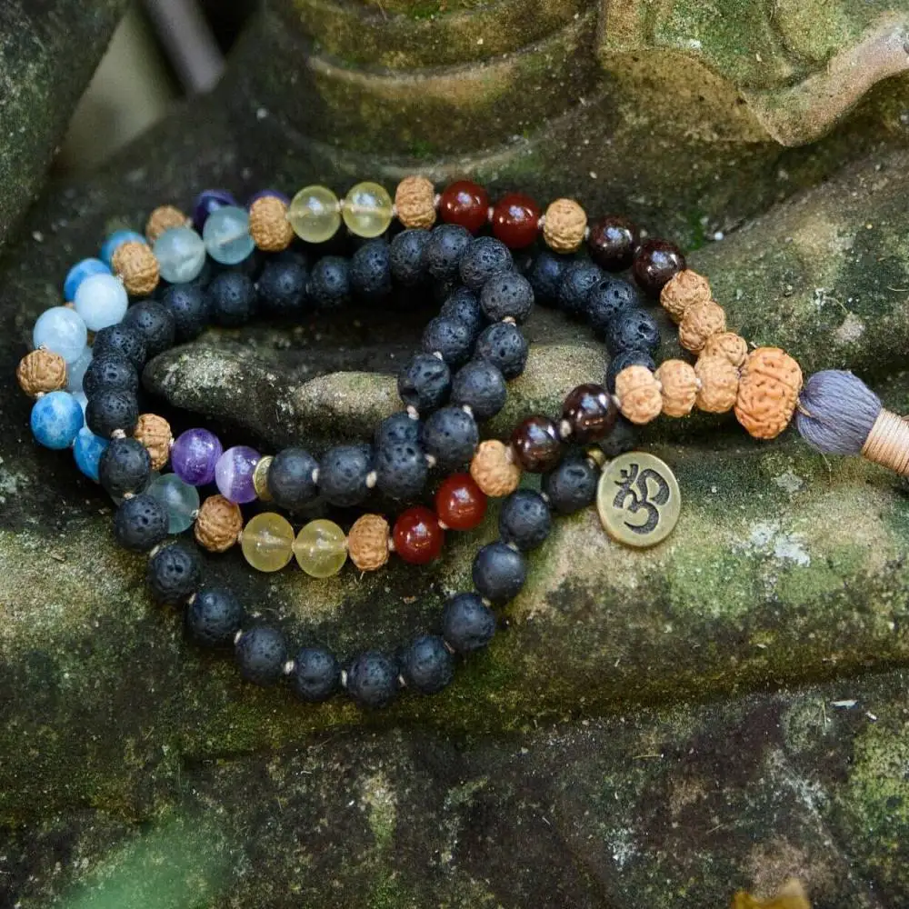 

Natural Lava Rock 108 Beads Mala Necklace with 7 Chakra & Rudraksha Accent Om Pendant Spiritual Jewelry