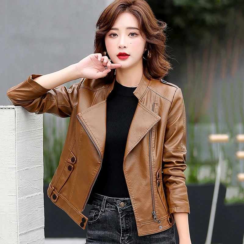 

Leather Jacket for Women, Moto & Biker Style Outerwear, Stand Collar Short Sheepskin Coat, Cool Fashion New, 2024 Spring Autumn